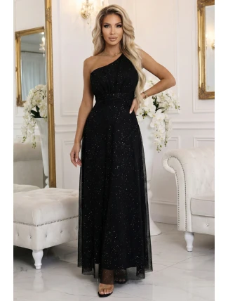 656-3 Dlouhé třpytivé večerní šaty na jedno rameno - klasické černé