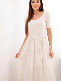 Dámské bavlněné midi šaty s krátkým rukávem a rozšířeným spodkem béžová