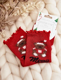 Dámské brokatové vánoční ponožky s medvědem červené