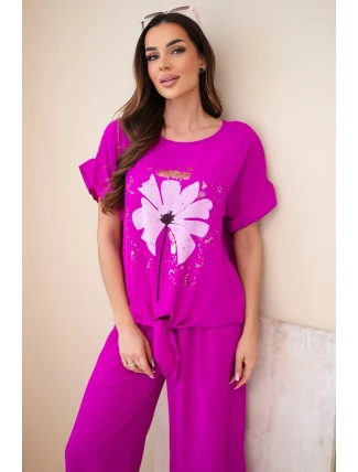 Dámský viskózový komplet s halenkou s potiskem a kalhotami tmavě fialová