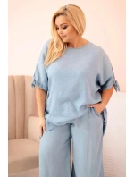 Dámská souprava Plus Size z tencelu, halenka s vázáním a široké kalhoty světlý džínový