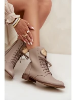 Kožené dámské kotníkové boty na plochém podpatku se zlatým detailem Zazoo 3084 béžové