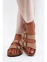 Semišové pantofle na korkové podrážce s přezkami béžové Tavira