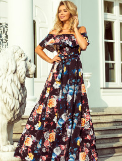 Dlouhé dámské černé šaty s barevnými květy a španělským výstřihem model 7118058