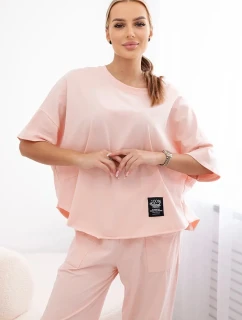 Bavlněný komplet halenka + kalhoty pudrově růžová