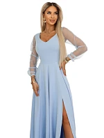 640-5 LORETTA jedinečné dlouhé šaty s tylovými rukávy a výstřihem - modré