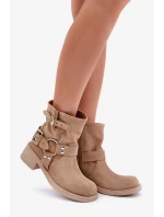 Semišové dámské kotníkové boty na nízkém blokovém podpatku s pásky Zazoo 3644 béžové