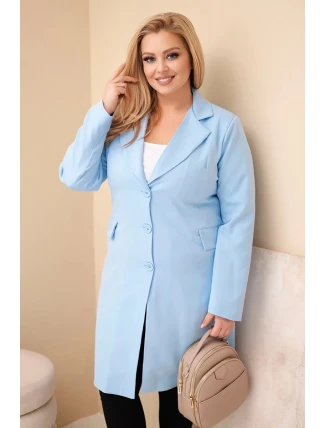 Dámský kabát Plus Size dlouhý s límcem a kapsami modrý