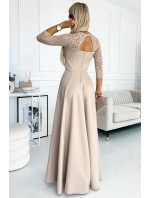 Elegantní dlouhé šaty s krajkovým výstřihem Numoco AMBER - béžové