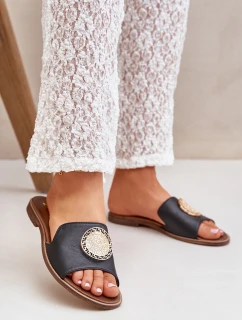 Kožené Pantofle S Dekorací Na Plochém Podpatku Zazoo 3047/O Černé