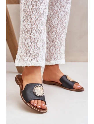 Kožené Pantofle S Dekorací Na Plochém Podpatku Zazoo 3047/O Černé