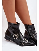 Lakované dámské kotníkové boty na plochém podpatku s pásky a přezkami Černé Hamira