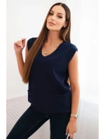 Dámský viskózový svetr bez rukávů s kapsami a výstřihem do V modrý