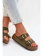 Dámské pantofle na korkové platformě se zlatými sponami Zelená Tovessa