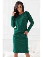 189-13 Teplákové šaty s dlouhým rukávem a kapsami - pohodlný střih s výstřihem na zádech - zelené