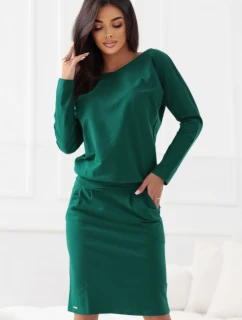 189-13 Teplákové šaty s dlouhým rukávem a kapsami - pohodlný střih s výstřihem na zádech - zelené