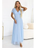 635-6 MELANIA dlouhé třpytivé svatební šaty s výstřihem a krátkými rukávy - modré