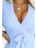 545-2 Dlouhé šaty se skládaným výstřihem a vázáním - MODRÉ