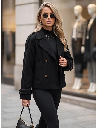 Krátký dámský dvouřadý kabát s výložkami, černý, FashionStreet TY6016