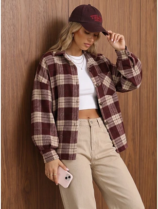 Dámská kostkovaná košile oversize v bordó barvě FashionStreet TY6047 Dámská kostkovaná košile oversize v bordó barvě FashionStreet TY6047