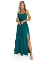 589-6 Maxi šaty bez ramínek s korzetovým zavazováním na zádech a rozparkem - lahvově zelené
