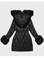 Černá bunda s kožešinovou kapucí, která tvoří límec (T3-2635#-1)