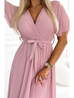 545-1 Dlouhé šaty se skládaným výstřihem a kosticemi - PUDRAL ROSE