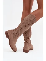 Dámské kozačky na ploché podrážce s vzorem sítě S.Barski HY52-531 Béžové