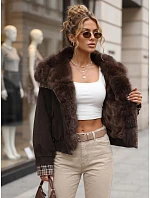 Krátká dámská semišová bunda s kožešinou, hnědá, FashionStreet TY5843 Krátká dámská semišová bunda s kožešinou, hnědá, FashionStreet TY5843
