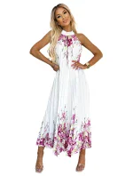 456-2 ESTER Plisované saténové maxi šaty - BÍLÉ S RŮŽOVÝMI KVĚTY