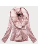 Dámská semišová bunda ramoneska v pudrově růžové barvě s kožešinou (6502big)