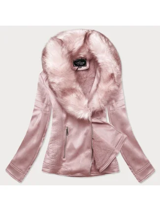 Dámská semišová bunda ramoneska v pudrově růžové barvě s kožešinou (6502big)