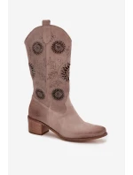 Semišové kožené dámské kozačky s perforovaným vzorem Zazoo 3852 Cappuccino