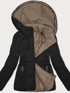 Černo-tmavě béžová oboustranná krátká dámská bunda s kapucí (16M2155-84)