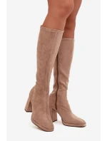 Dámské kozačky s prošitím na sloupkovém podpatku béžové Brivana