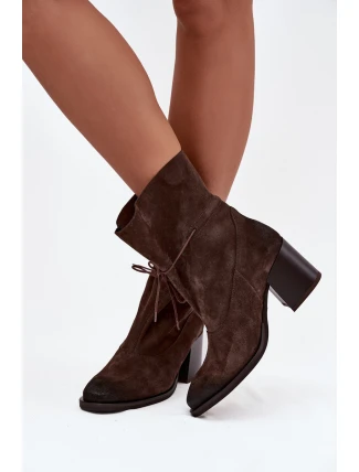 Kožené semišové dámské kotníkové boty na podpatku Zazoo 1151 čokoládové
