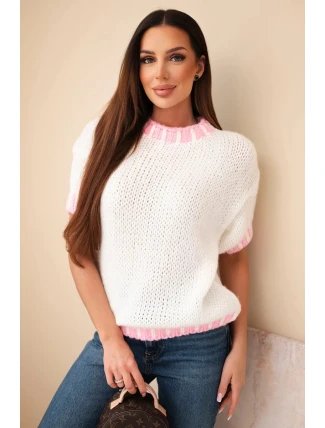 Dámský svetr s krátkým rukávem a kontrastním lemem ecru