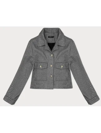 Šedá krátká pruhovaná žebrovaná bunda s ozdobnými knoflíky (244002) Šedá krátká pruhovaná žebrovaná bunda s ozdobnými knoflíky (244002)