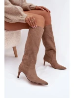 Dámské zateplené kozačky na jehlovém podpatku – tmavě béžové Arelisse