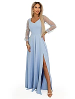 640-5 LORETTA jedinečné dlouhé šaty s tylovými rukávy a výstřihem - modré
