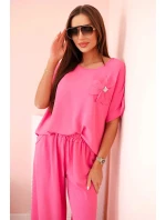 Dámský komplet z viskózy s ozdobným květem a širokými kalhotami - růžový