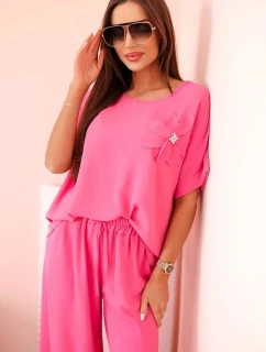Dámský komplet z viskózy s ozdobným květem a širokými kalhotami - růžový