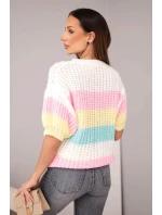 Dámský svetr s krátkým rukávem v barevných pruzích ecru