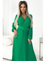 VIVIANA - Světle zelené dámské plisované midi šaty s výstřihem, dlouhými rukávy a se širokým opaskem 504-4