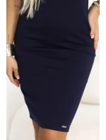 608-2 Smyslné tužkové šaty s krátkými rukávy a ozdobným výstřihem - tmavě modré 608-2 Smyslné tužkové šaty s krátkými rukávy a ozdobným výstřihem - tmavě modré