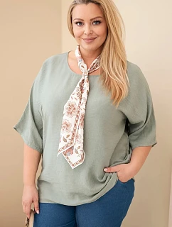 Dámská viskózová halenka Plus Size s krátkým rukávem a ozdobným šátkem khaki