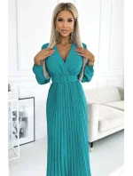 504-6 VIVIANA Plisované midi šaty se srdíčkovým výstřihem, dlouhými rukávy a širokým páskem - barva MARINE