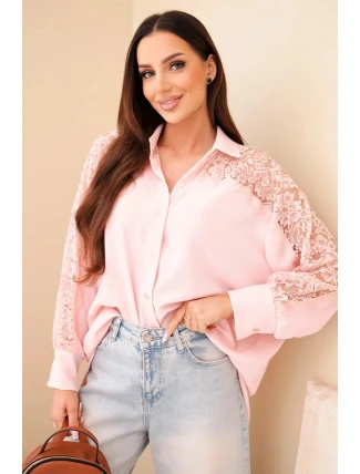 Dámská viskózová košile s krajkovými rukávy a límečkem pudrově růžová