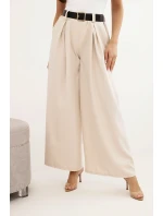 Dámské kalhoty s širokou nohavicí a páskem světlé béžové