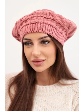 Dámská zimní čepice z vlny volného střihu s ozdobným vzorem K378 tmavě růžová